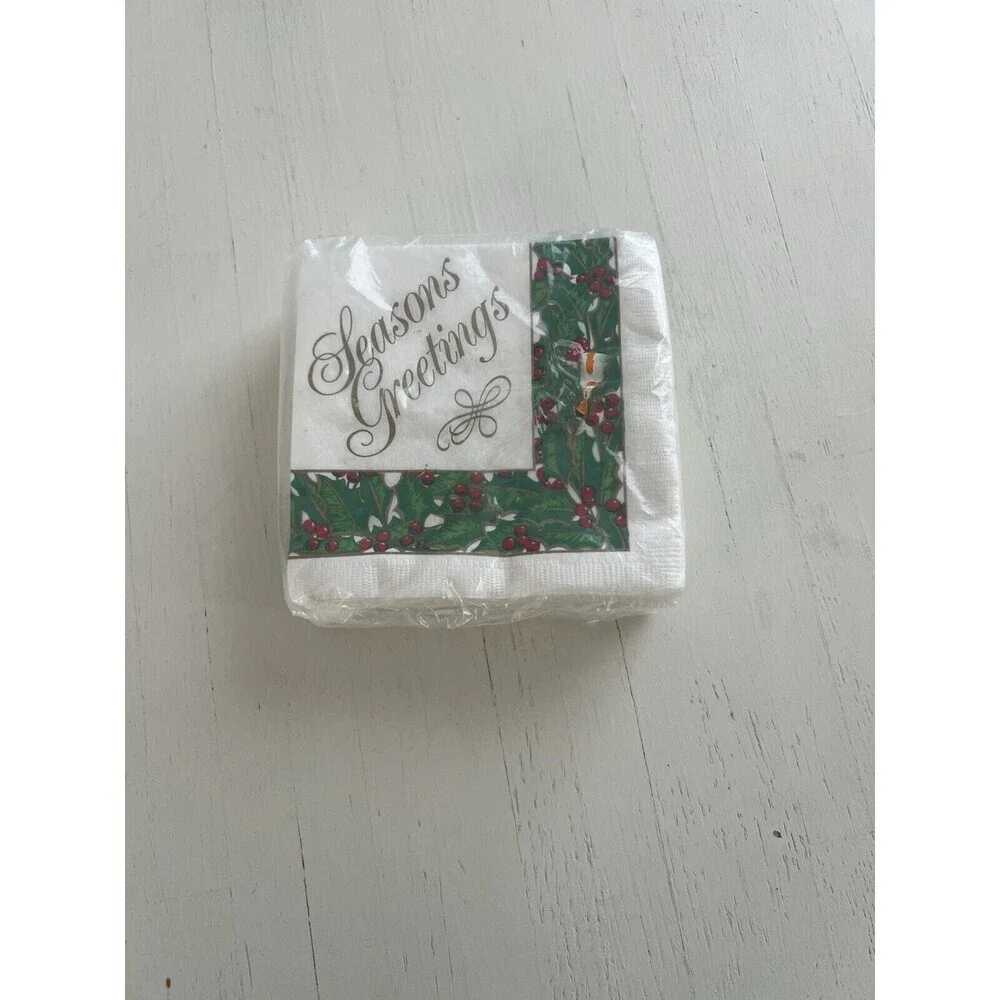 Vintage 1998 Party House Christmas Napkins Seasons Greetings‎ Holly 48ct 2-Ply